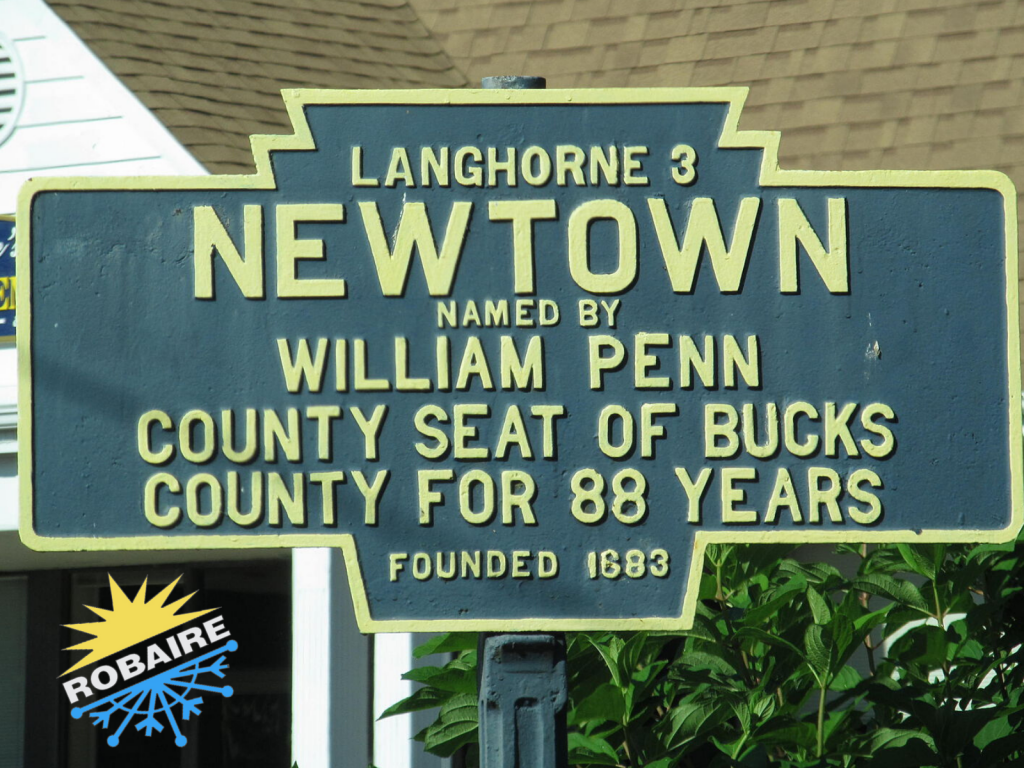 This image shows a Newtown, PA sign. Robaire Company is proud to offer HVAC services to the area!